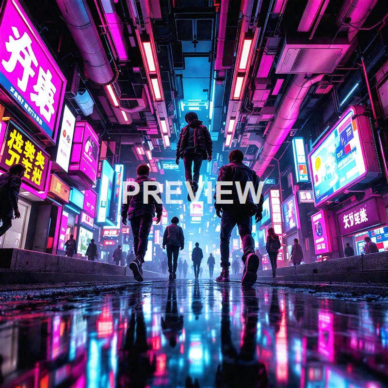 A futuristic city street illuminated with vibrant pink and blue neon lights, with people walking and one person seemingly levitating mid-air.